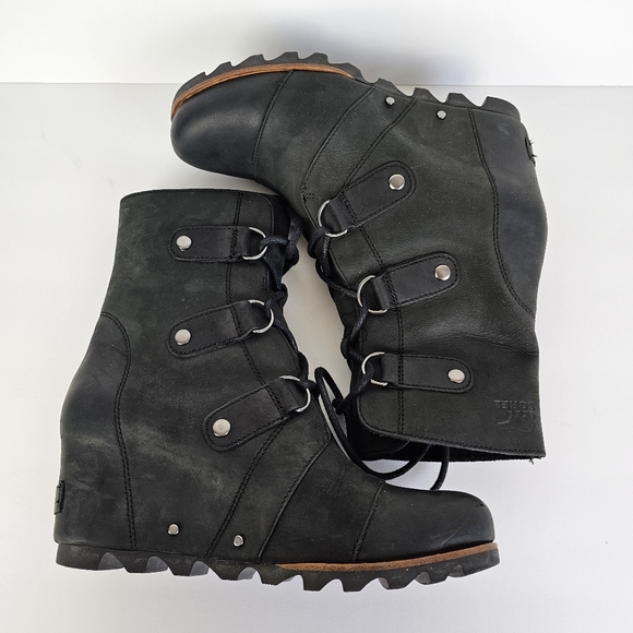 SOREL Joan of Arctic Wedge Lace Up Leather Boots 8.5 Black - Picture 5 of 12